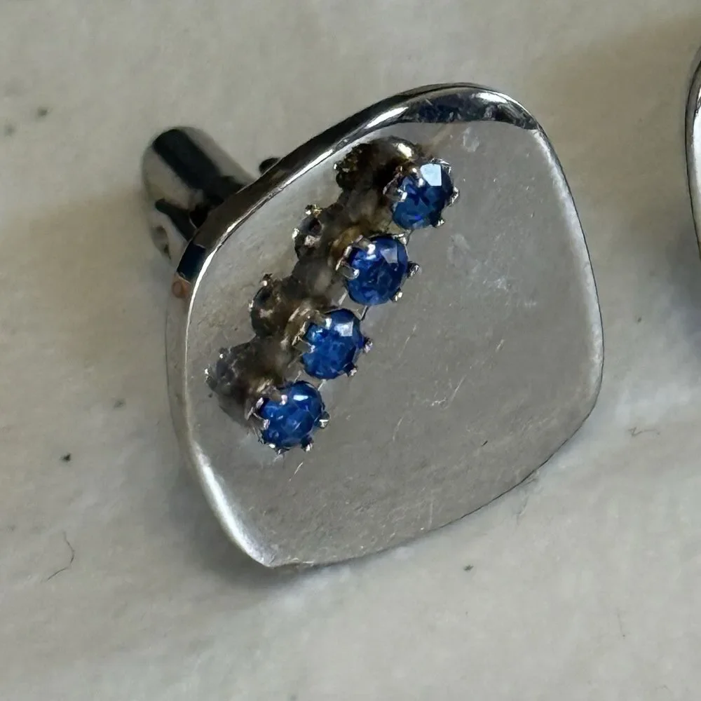 Vintage Polished‎ Silver Square Cufflinks w/ Sapphire Stones